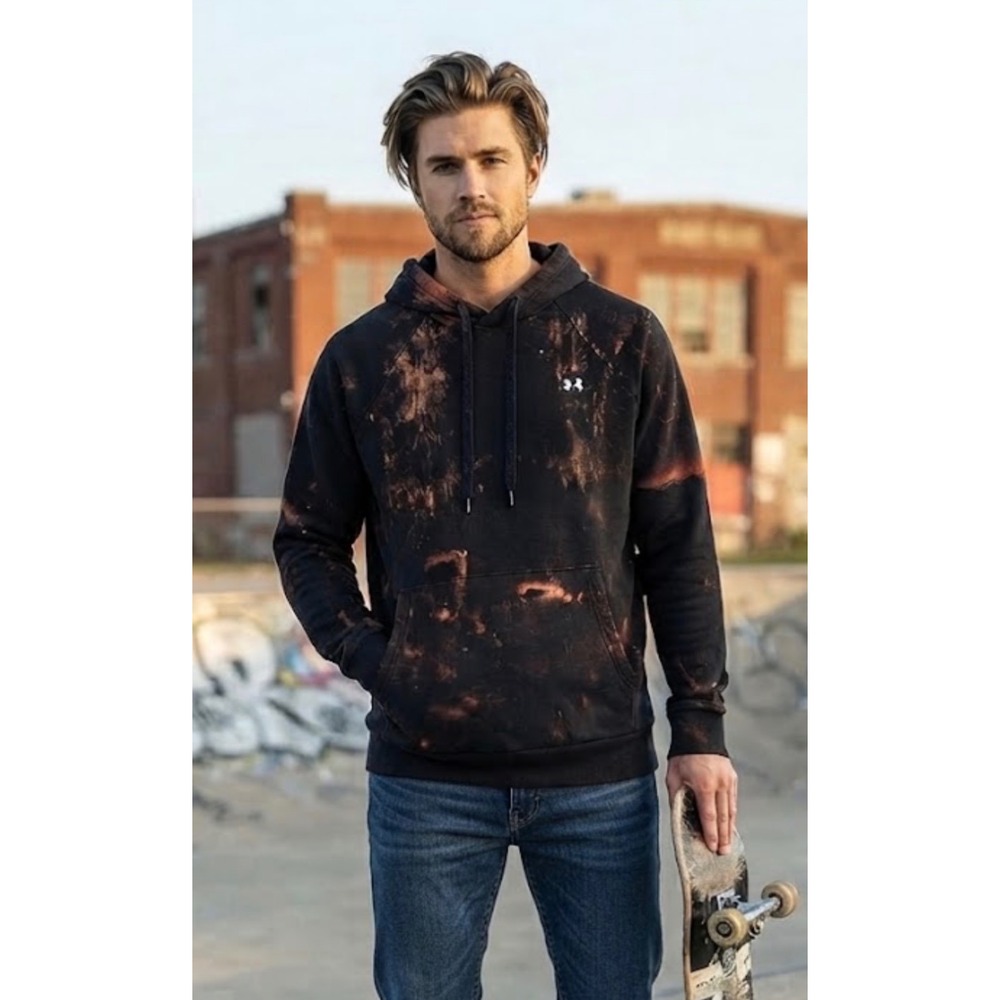 Under Armour Mens Rival Fleece Bleach Dye Hoodie Black Rust Small SM 1191